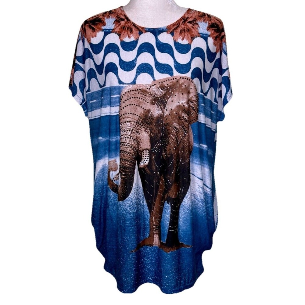 Portman Women’s Elephant Print Safari Rhinestones Boho Chic Artsy‎ Tunic Top Sm